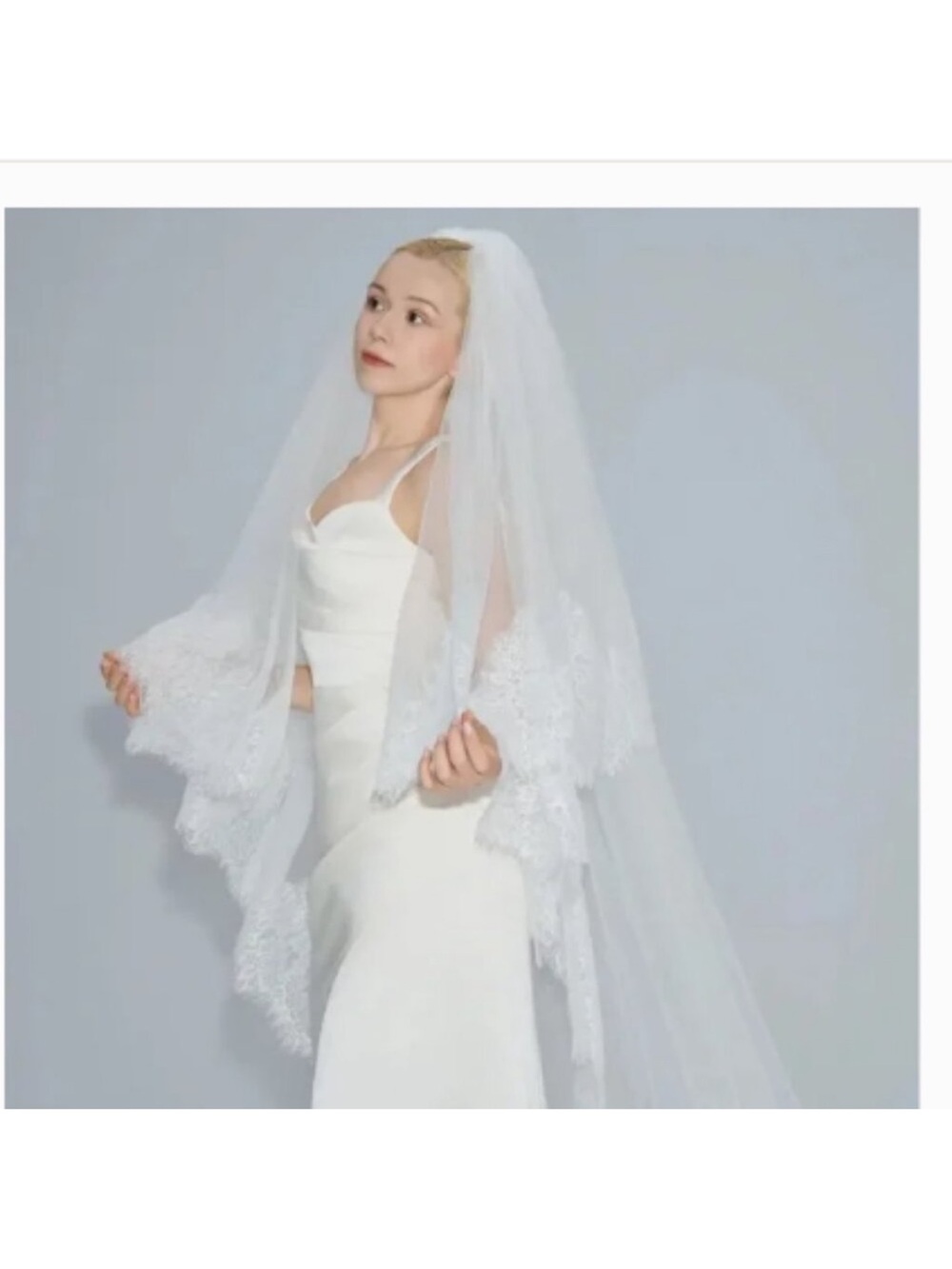 Dreamy Dramatic Drop White French Floral Eyelash Lace Cathedral Wedding Veil